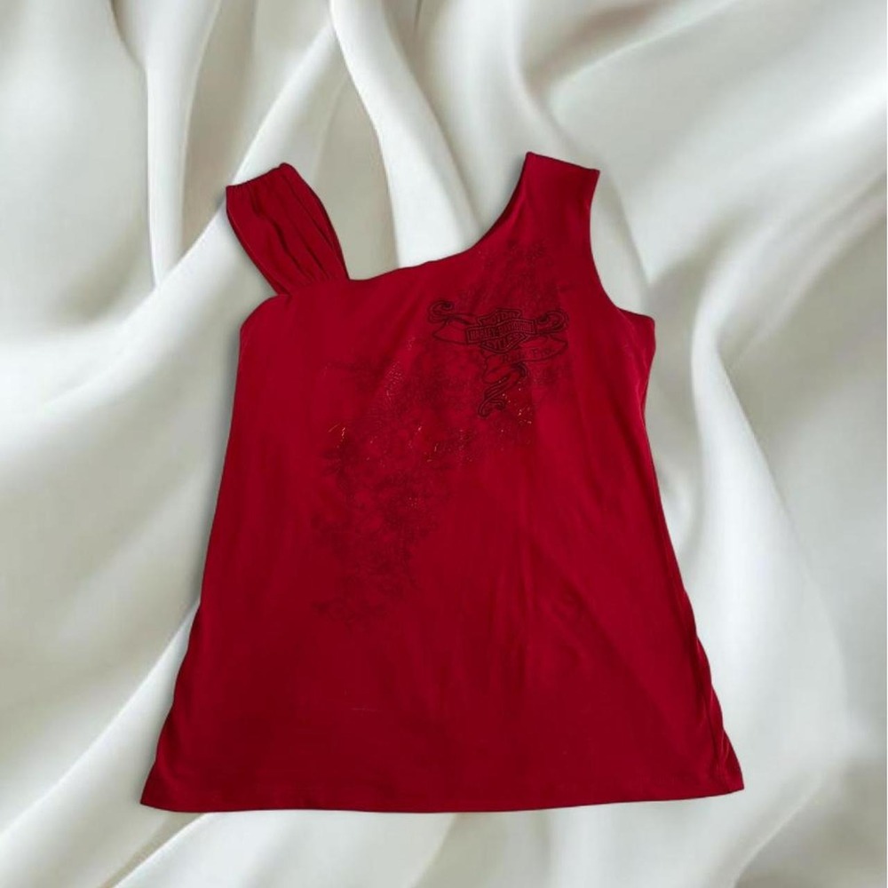 Harley Davidson red asymmetrical one shoulder‎ graphic babydoll top y2k grunge